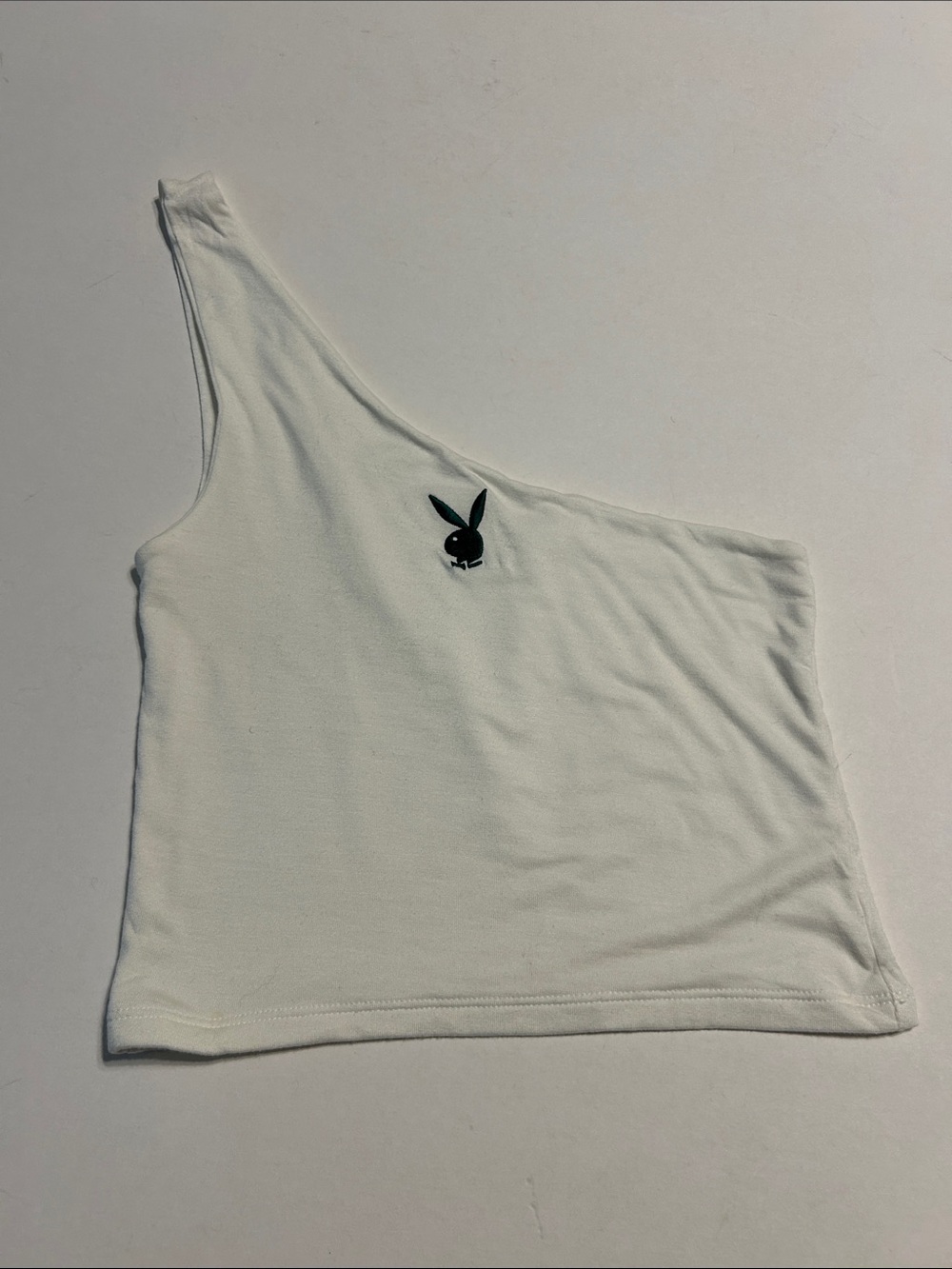 Pacsun Playboy Small White One-Shoulder Tank Green Bunny Cropped Sexy